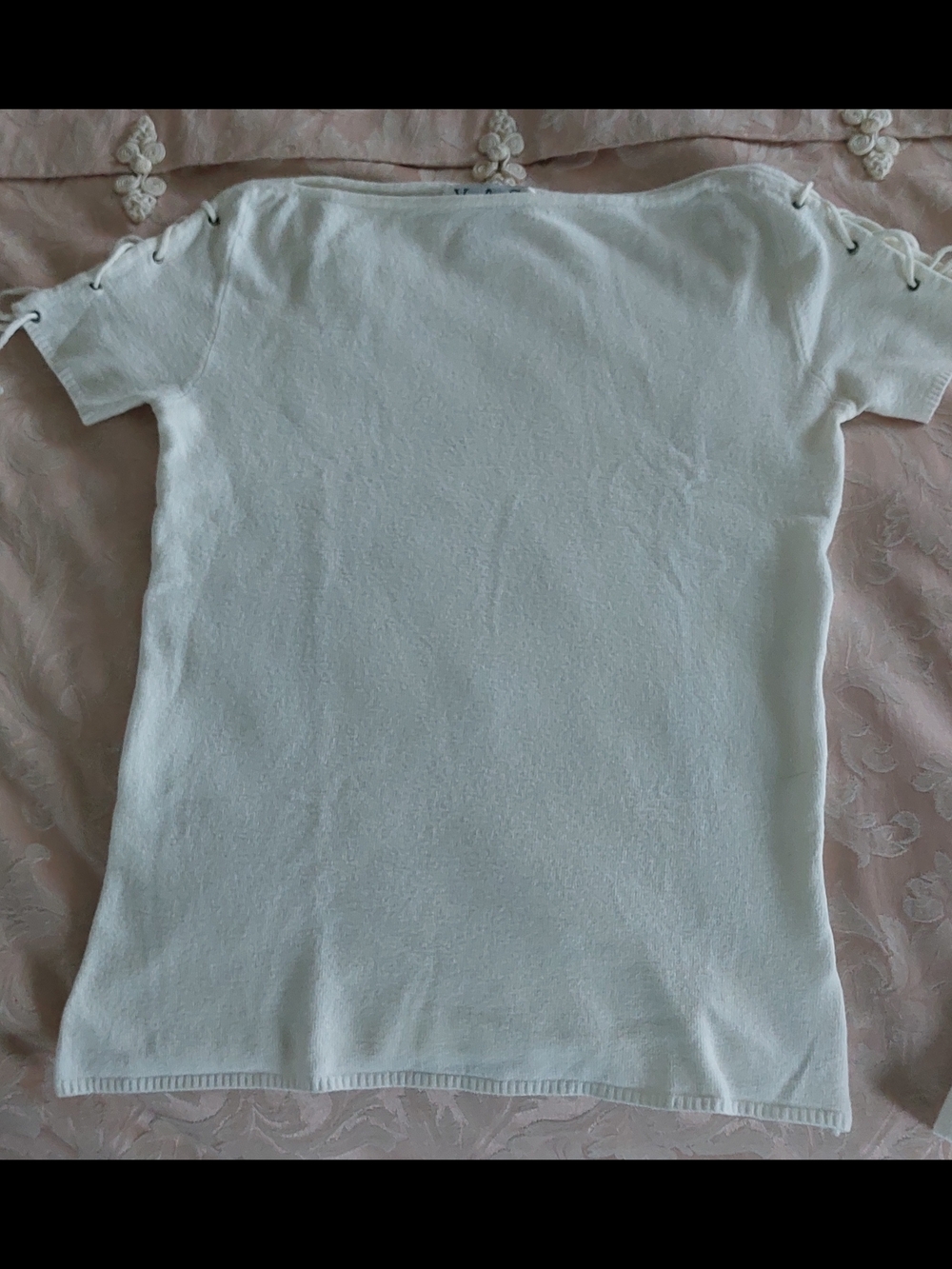 White Short-Sleeve Knit Top with Lace-Up Shoulder Detail